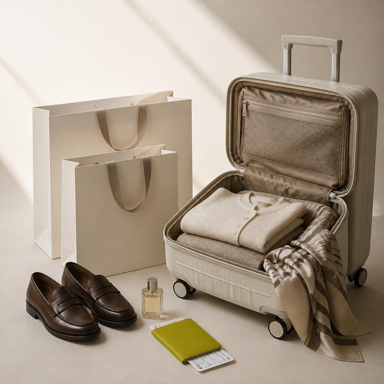 An open carry-on suitcase with neatly folded clothes beside elegant shopping bags, loafers, a perfume bottle and a passport